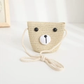 Detailed view of kids cartoon bear straw crossbody bag with 3D plush nose and long strap - 50-52cm / Crossbody Bag / Beige