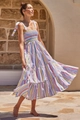 Dettaglio di abito a balze a righe colorate con spalline annodate e bustino a punto smock - S / Strisce Arcobaleno