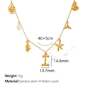 18K gold plated stainless steel necklace featuring sea shell and starfish charms - Letter I (XL206)