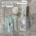 Blue wall-mounted electric toothbrush holder set with cup and bunny toothpaste squeezer - 1 Cup (Blue) + Bow + Dispenser + Rabbit