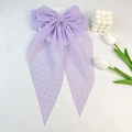 Pale purple chiffon bow hair clip with white polka dots and long floating ribbons - Purple