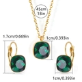 Detail view of gold stainless steel jewelry set with green zircon dimensions and size tags - Dark Green