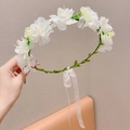 Handcrafted white flower crown headband with green vines and satin ribbons for girls - Flower Garland / White