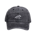 Distressed dark grey washed cotton baseball cap with white wave embroidery and curved brim - #1 Wave Embroidery (Fine Single Line)