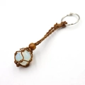 Handmade woven keychain with white translucent opal stone and brown net pouch design - Opal + Brown Mesh Keychain
