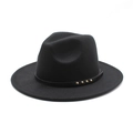 Classic black wide-brim woolen jazz hat featuring a decorative leather belt with gold rivets - Black