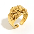 18K vergulde roestvrijstalen open ring met gedetailleerde 3D-rozenbloemmotieven - Gouden Bloemring