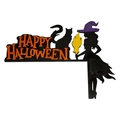Halloween-Eckendeko aus Holz mit Hexe, schwarzer Katze und Happy Halloween Text - Hexe
