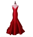Elegant red satin mermaid evening dress with thin straps and a deep V-neckline silhouette - US size 2 (S) / Red