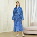 Classic royal blue flannel bathrobe for men and women featuring white piping and waist belt - Sea Blue (Women)