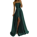 Elegantes smaragdgrünes Satin-Abendkleid mit Spaghettiträgern und hohem Seitenschlitz - L (US 12) / Dunkelgrün