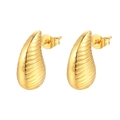Detailed view of golden teardrop earrings with textured horizontal stripes on metal surface - Striped / Gold