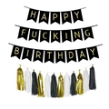Black and gold Happy Fucking Birthday banner set with decorative paper tassels - HFB Banner And Tassels Set