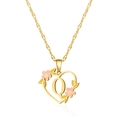 Golden heart pendant necklace featuring initial Q with pink flowers and gold leaves - Letter Q