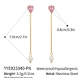Detailed size chart showing long gold tassel earrings with pink heart and freshwater pearl - Pink Heart Gemstone Long Style (YYE025340-PK)
