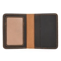 Detail view of leather card holder with dual color panels and orange contrast stitching - Bi-fold Card Holder NC0102 / Dark Brown