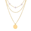 Three-layer gold necklace with pink pearls and a polished round coin pendant on white background - 3-Layer Artificial Pearl Round Disc Necklace (X517) / Gold