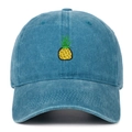 Close-up of yellow pineapple embroidery on vintage navy washed cotton baseball cap - Lake Blue