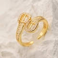 18K gold-plated adjustable open ring with pavé cubic zirconia infinity leaf design - Geometric Cross Style (13283)