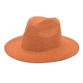 Detailed weave texture and structured crown of the orange wide brim fedora sun hat - Caramel color