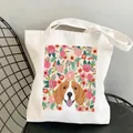 White canvas tote bag featuring a cute cartoon beagle dog print and floral pattern - C7 Beagle Head with Flowers