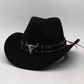 Black western cowboy hat with ethnic braided band and silver bull head metal ornament - One Size 56-60cm / Black (Colorful Bull)