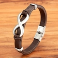 Men's brown leather bracelet with silver infinity symbol and stainless steel magnetic clasp - Coffee Leather Steel Buckle
