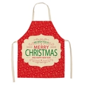 Detail of linen Christmas apron featuring festive reindeer and Santa Claus print patterns - Style-13 (Red Gold Line)