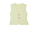 Gilet en tricot jaune pâle avec col en V et deux boutons dorés posé à plat - Haut Vert Clair