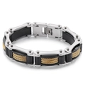 Men's rock hip hop bracelet with black silicone and gold woven steel cable links - Silver & Black Patchwork With Gold Cable (KB139392-KFC)