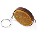 Handmade crazy horse leather mini tape measure keychain with yellow floral embossed design - Coffee Patchwork Carved (Hook Round)