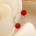 Detail of red disco ball stud earrings with pave crystals on silver curved hooks - Style 03 White Gold Tone M-037 / Single Piece / Red