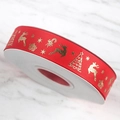 Red Christmas grosgrain ribbon with gold reindeer and snowflake patterns for gifts - 2.5cm Reindeer Red (22 Meters)