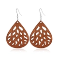 Detailed view of hollow wooden drop earrings with geometric leaf patterns and silver hooks - Style 5