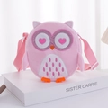 Pink plush owl crossbody bag with glitter heart eyes and adjustable strap for kids - Pink