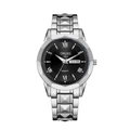 Classic silver stainless steel men's quartz watch with black dial and Roman numerals - Silver Case Black Dial