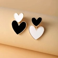 S925 silver black and white enamel heart stud earrings with golden metallic frames - Black and White Mixed