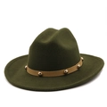 Dark green wool fedora hat with wide brim, tan band and gold stud accents in a front view - M (56-58cm) / 08 Army Green