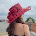 Women's red polka dot organza sun hat with large floral detail for beach vacations - One Size / Burgundy