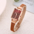 Elegant rose gold mesh watch with a rectangular red striped dial and Roman numerals - Red