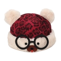 Red leopard print winter hat for kids with plush double pom poms and cute bear face design - Cartoon Bear with Glasses (Deep Red B)