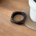 Brown tortoiseshell resin bangle with thick square profile on a wooden surface - Geometric Rhombus / Inner Diameter 65mm / Two Tone Dark Brown