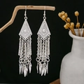 Bohemian silver earrings with long tassels and geometric leaf pendants on rustic wood - Rhombus Round Tube Leaf Tassel Style (E4766-2)