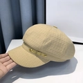Detail of beige newsboy hat featuring textured waffle fabric and golden buckle strap - One Size(56-58cm) / Khaki