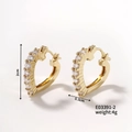Detail view of heart-shaped gold-plated hoop earrings with cubic zirconia and size specs - E03391-2 Heart Shape