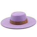 Close-up of lavender wool felt fedora with brown leather band and silver floral rivets - M / Taro Purple