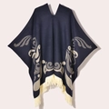 Women vintage dark blue knitted poncho with wing jacquard pattern and tassel fringes - 130x150cm / Pullover Colorful Bird Navy Blue