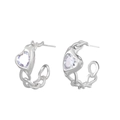 Silver-finish heart stud earrings featuring a chic chain link design and clear crystal - Heart Chain Silver Earrings (白K 7506)
