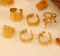 Adjustable gold plated vintage metal ring set featuring star and shell relief designs - Stainless Steel Moon Star Sea Geometric Ring Set (6Pcs) (26不锈钢戒指6个)