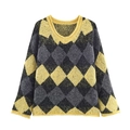 Women V-neck argyle knit sweater in yellow and dark grey with subtle sequins - S / Tops / Yellow Grey